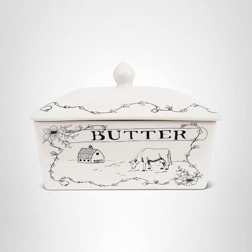 Creative Co-Op Country Stoneware Butter Dish with Lid, "Spread the Love" Message, and Farm Line Drawing, White and Black, Food, Microwave, and Dishwasher Safe thumbnail 7