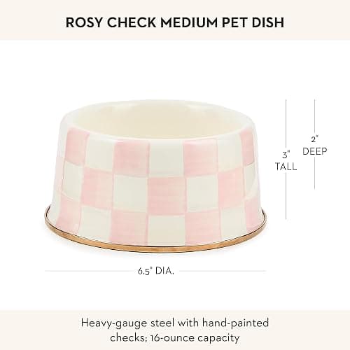 MACKENZIE-CHILDS Enamel Pet Bowl, Cute Cat and Dog Bowl for Food and Water, Medium, Pink-and-White Rosy Check thumbnail 4