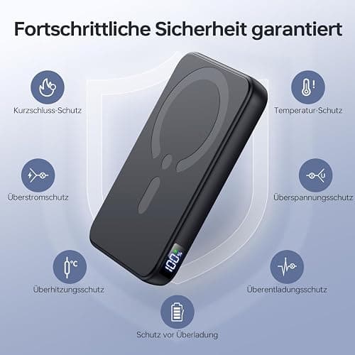 Powerbank für Magsafe, 12000mAh Magnetische Power Bank, PD 22.5W USB-A Ausgabe, Kabelloses Tragbares Ladegerät mit Typ-C-Eingang und Ausgang, LED-Anzeige für iPhone 17/16/15/14/13/12/Pro/Pro Max Serie thumbnail 5