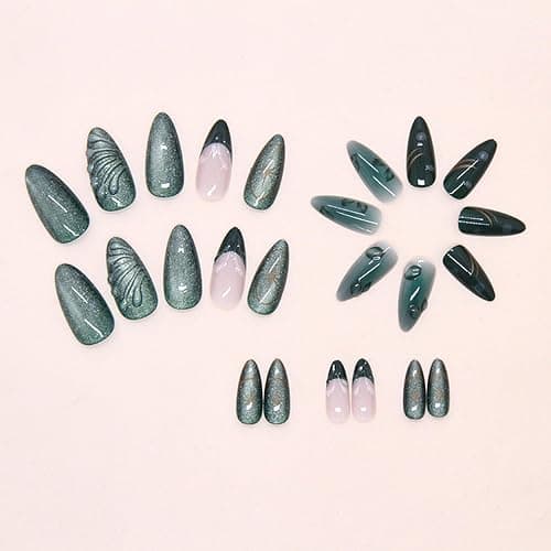 24Pcs Green Press on Nails Medium Almond Fake Nails with 3D Green Ripple Design Handmade Press on French Nails Tips Leaves Pattern Full Cover Glossy Y2k Reusable DIY Nails for Women Nail thumbnail 6