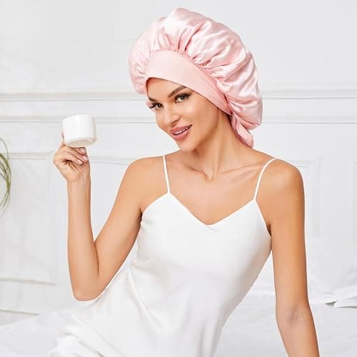 GUGUGO Seidenhaube zum Schlafen, Silk Bonnet, Verstellbare Seidenhaube, Schlafhaube Seide, Schlafmütze Damen, Satin Haube Schlafen, Silk Sleeping Cap, Seidenhaube zum Schlafen Locken, Sakura Rosa thumbnail 5