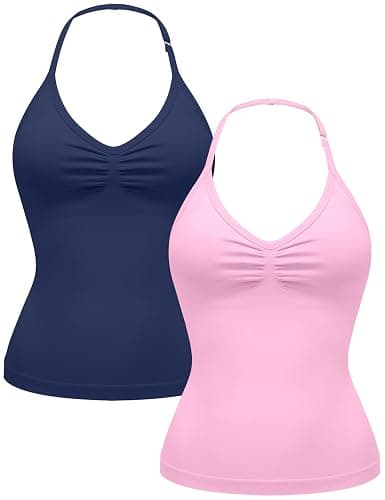 OLCHEE Womens Halter Workout Tank Tops V Neck Backless Strappy Padded | Longline Gym Yoga Pilates Top, Adjustable Spaghetti Strap, Backless, Scrunch, Sweetheart, Built-in Bra, Removable - Image 1