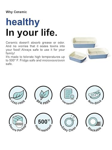 LE TAUCI Deep Casserole Dishes for Oven, 13.7”x9.6” Ceramic Baking Dish Set with Roasting Racks, Large Lasagna Pans with Handles, Rectangular Bakeware as Gift for Mom, Dusty Blue (4.6QT/3.0QT/1.6QT), Set of 3 thumbnail 9