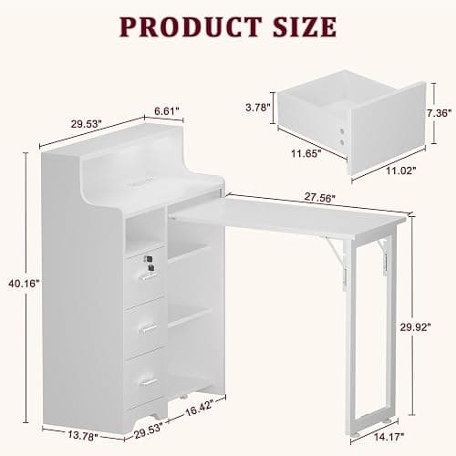 WLLPNG Foldable Nail Desk for Nail Tech, Portable Manicure Table, L Shape Nail Table with Power Outlets & Lockable Drawer & Shelves, Professional Nail Tech Workstation for Home Salon (White) thumbnail 2