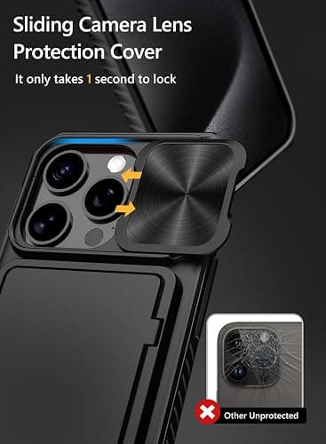 Vihibii for iPhone 15 Pro Case with Card Holder (4 Cards) & Slide Camera Cover & Kickstand, Shockproof Rugged Hard Back & TPU Soft Edge Wallet Phone Case for iPhone 15 Pro 5G 6.1" 2023, Black thumbnail 2