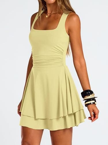 Trendy Queen Women's Square Neck Summer Party Flowy Ruffle Hem Ruched Waist Mini Dress thumbnail 4