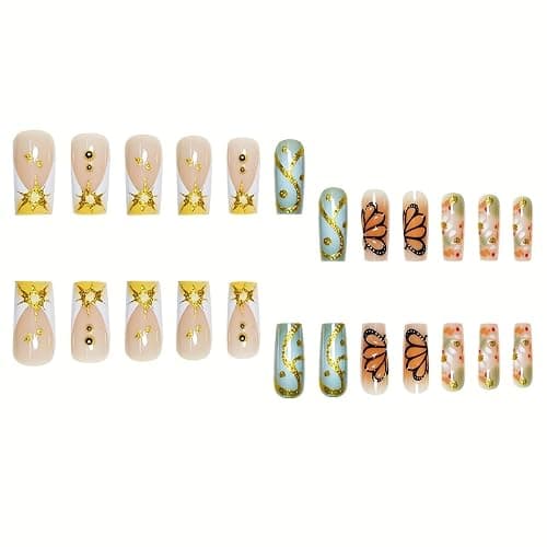 Square Press on Nails Medium Fake Nails French False Nails White Artificial Nails with 3D Futterfly and Rhinestones Designs Gold Charm Handmade Nails Glossy Stick on Nails for Women 24pcs thumbnail 4
