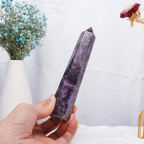 Apengshi Amethyst Large Crystal Tower Natural Dream 5.9"-6.3" 6 Faceted Single Point Chakra Healing Crystal Wand Energy Meditation Stone Home Decor Collection Gift thumbnail 3