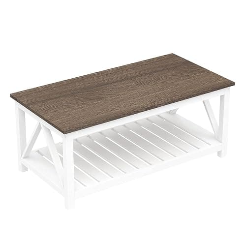 ChooChoo Farmhouse Coffee Table, Rustic Vintage Living Room Table with Shelf, 40 White thumbnail 8