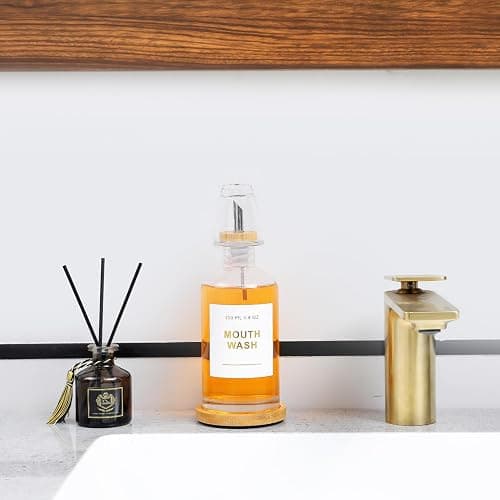 BONLONG 11.8OZ Glass Mouthwash Dispenser for Bathroom with Stainless Steel & Bamboo Nozzle, Mouthwash Cup Reusable, Bamboo Tray, and Elegant Gold Sticker.（Clear) thumbnail 4