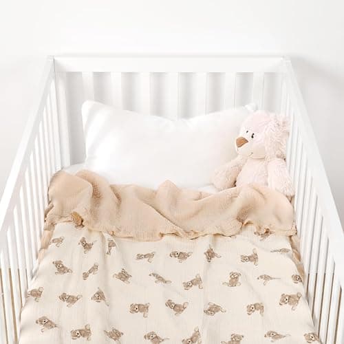 100% Organic Cotton Muslin Baby Blanket Flounce Edge Large 50"x43" Teddy Bear, Soft Breathable Toddler Quilt Crib Blankets Gender Neutral for Baby Boys and Girls Bassinet, Bed, Stroller & Snuggling thumbnail 7