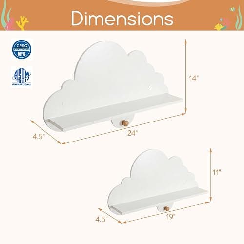 Costzon 2 Pieces Floating Cloud Shelves, Wall Mounted Kids Bookshelf w/Compartments, Cute Corner Bookshelves, Space Saving Wall Shelves for Kid's Room, Nursery, Playroom & Bedroom (White Cloud) thumbnail 2