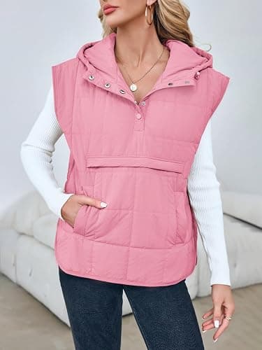 Saodimallsu Womens Quilted Puffer Vest Sleeveless Hoodies Fall Winter Tops with Kangaroo Pockets thumbnail 3