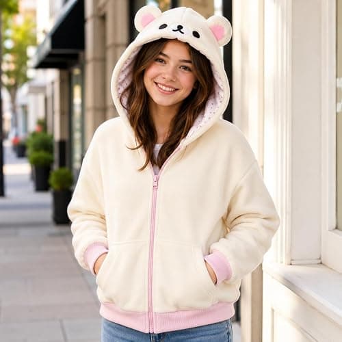 Y2K Cute Bear Ear Zip Up Hoodie Plush Fleece Jacket Kawaii 2000s Harajuku Hooded Sweatshirt Aesthetic Coat thumbnail 2