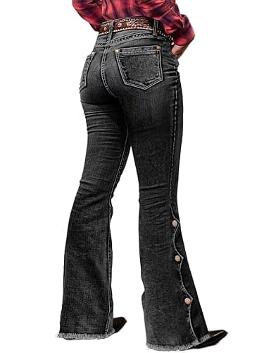 Flamingals Women's Buttoned Hem Bootcut Jeans Without Belt Mid Waist Casual Pants Navy Blue - Image 1