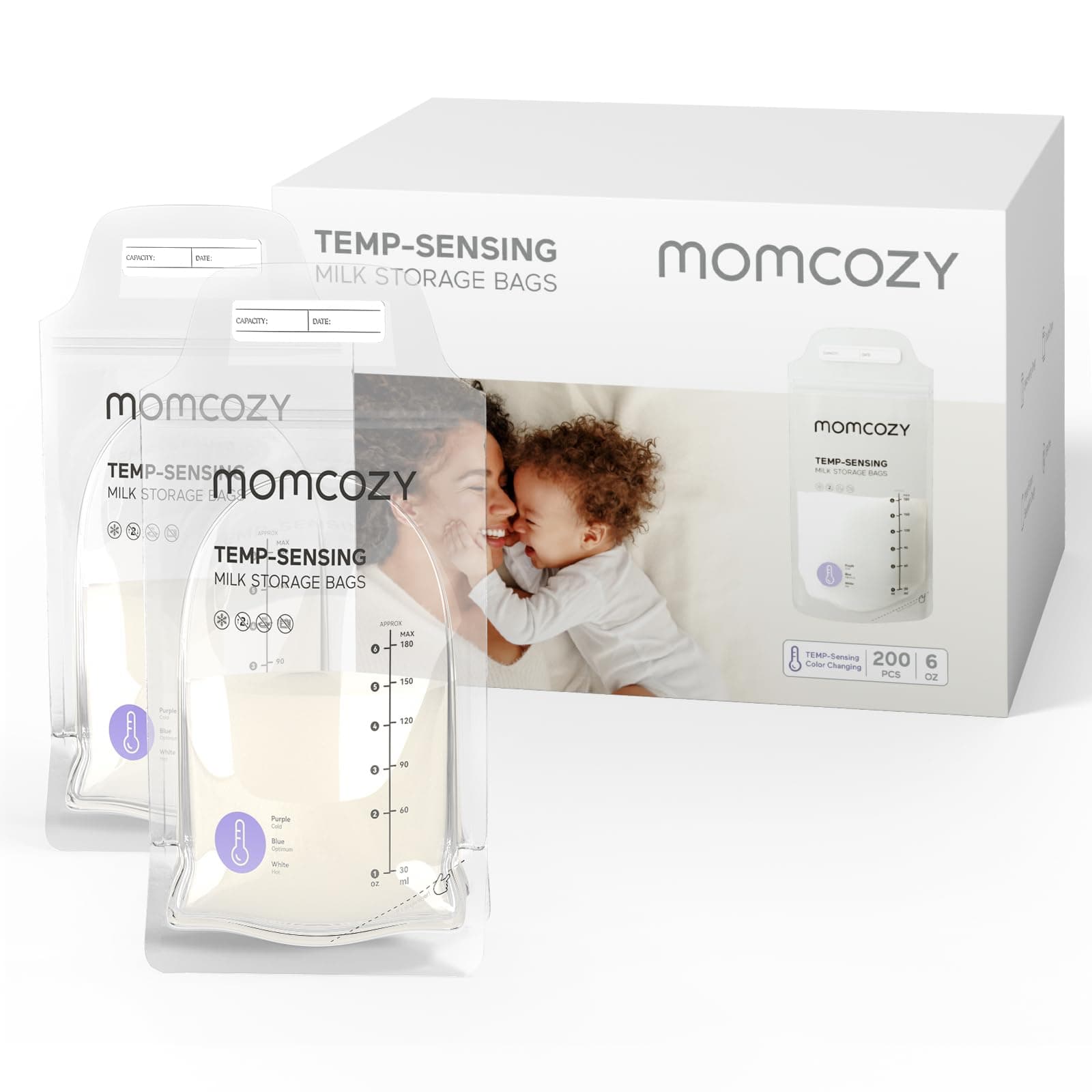 Momcozy Breastmilk Storage Bags 200pcs, Temp-Sensing Discoloration Milk Storing Bags for Breastfeeding, Disposable Milk Storage Bag with 6oz Self Standing, No-Leak Milk Freezer Storage Pouches - Image 1