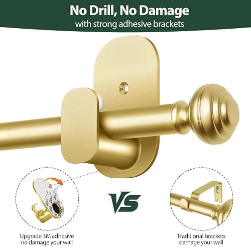 KAMANINA Curtain Rods No Drilling for Windows 32 to 86 Inches, 5/8 Inch Diameter Adjustable Drapery Pole with Adhesive Brackets, Gold thumbnail 6
