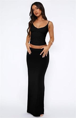 Lybiogs Two Piece Skirt Set for Women - Sexy Sleeveless Spaghetti Strap Pleated Tank Top Maxi Long Skirts Sets thumbnail 2