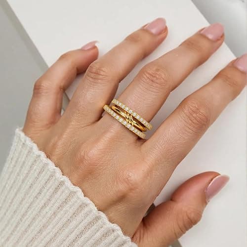Verfimaci 18K Gold Plated Stackable Rings for Women,Dainty Multi-Link Rings,Chunky Stackable Cubic Zirconia Rings Set Non Tarnish Women Jewelry thumbnail 2