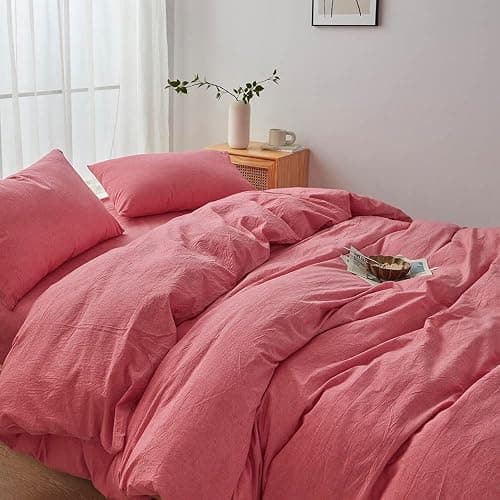 FACE TWO FACE Bedding Duvet Cover Set100% Washed Cotton Duvet Cover Linen Like Textured Breathable Durable Soft Comfy (King, Red) thumbnail 2