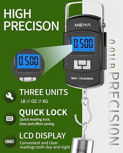 MEIYA Fish Scale 110lb/50kg Digital Fishing Scale with Backlit LCD, Portable Handle, Stainless Steel Hook & 2 AAA Batteries – Reliable Fishing Gear & Great Fishing Gifts for Men thumbnail 4