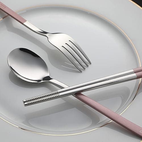 DEVICO Travel Utensils, 18/8 Stainless Steel 4pcs Cutlery Set Portable Camp Reusable Flatware Silverware, Include Fork Spoon Chopsticks with Case (Pink) - Pink thumbnail 7