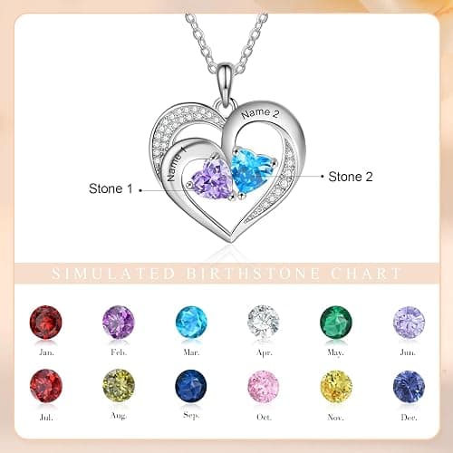 Sterling Silver Personalized 2 Names Necklace with 2 Heart Simulated Birthstone Couple Pendant Necklace for Women thumbnail 2