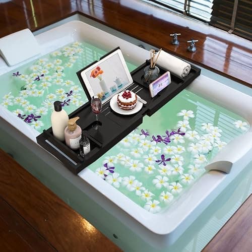 Bamboo Bathtub Tray for Luxury Bathroom, Expandable Premium Bath Tray w/Soap Towel Book Holder, Adjustable Bath Accessories for Tub,Extendable Tub Tray with Wine Glass Cup Organizer 29.5"-43.3" Black thumbnail 2