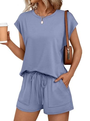 AUTOMET Womens Crew Neck Two Piece Short Sets Cap Sleeve Drawstring Summer Sweatsuit with Pocket - Image 1