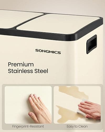 SONGMICS Trash Can, 2 x 8 Gallon (2 x 30 L) Double Compartment Garbage Can for Recycling, Stainless Steel, with 15 Liner Bags, Soft-Close Lids, Removable Buckets, Pedals, Almond ULTB160AZ01 thumbnail 8