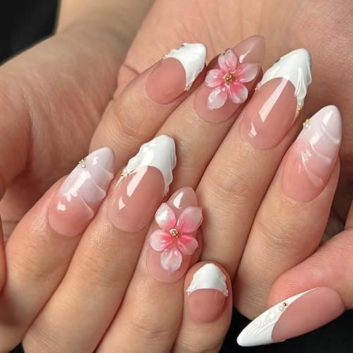 Handmade Press On Nails - MAGLFELL Spring Nails Almond False Nails, 3D Pink Carving Floral and French Design, 10Pcs Reusable Acrylic Fingernail Salon Artificial Nails Kit (Size S) thumbnail 7