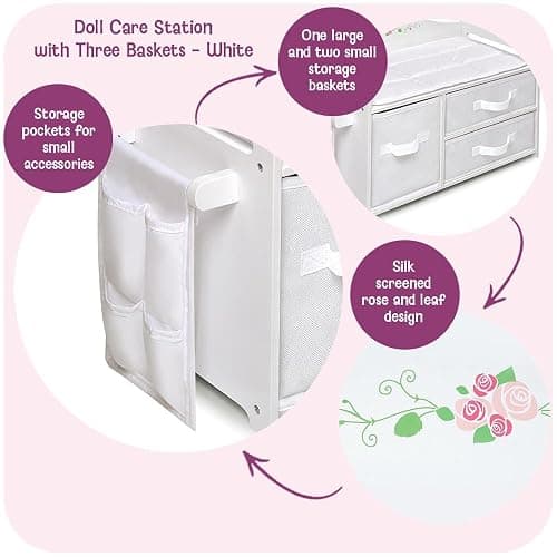 Badger Basket Doll Care Station with Storage Baskets - White | Fits 18–20" dolls; care station with 3 removable baskets, side pocket organizer & personalization kit. thumbnail 4