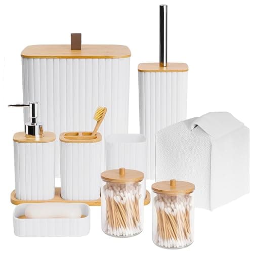 Bathroom Accessory Set - 10 Piece White Bathroom Sets Complete with Trash Can, Toothbrush Holder & Cup, Soap Dispenser, Soap Dish, Toilet Brush & Holder, Vanity Tray, Qtip Holder, Tissue Box Cover - Image 1