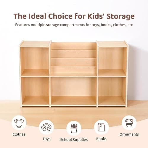 OOOK Montessori Bookshelf and Toy Storage Organizer, 2-Tier Horizontal Bookshelf, 5-Compartment Toy Storage Cabinet with Book Rack, Ideal Choice for Kids Classroom Organizer, Playroom and Daycare thumbnail 7