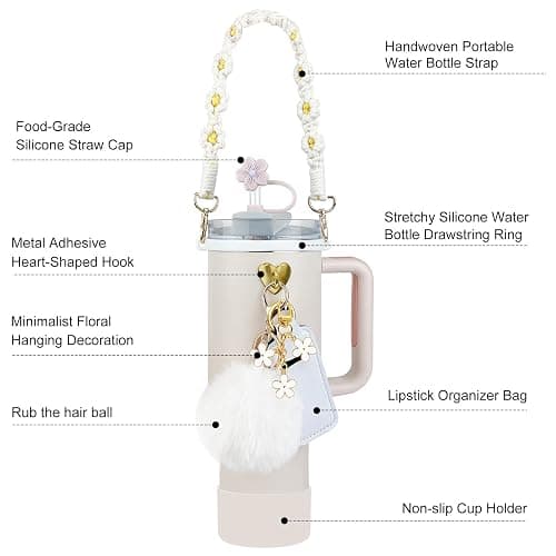 Velaco 11 PCS Stanley Cup Accessories - Water Bottle Handle Strap for 30/40 oz Tumbler with Handle, Including Straw Toppers, Silicone Cup Boot, Keychain Charms - White - 11 PCS White thumbnail 8