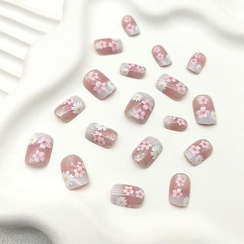 Flower Press on Nails Short Square Fake Nails with Floral Glitter Designs Spring Nails Press ons Pink White Glue on Nails Cute False Nails Summer Stick on Nails for Women 24Pcs thumbnail 4