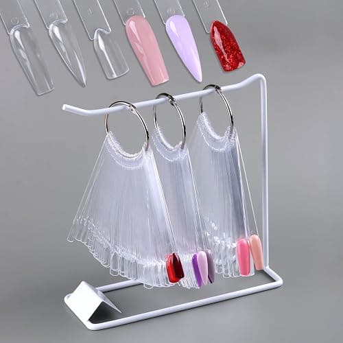 150 Pcs Nail Swatch Sticks with Ring & Nail Art Display Stand Storage Rack, Clear Fan-shaped Display for Nail Art Polish Practice, False Nail Sample Tips Nail tech Supplies for Home or Salon Use - Image 1