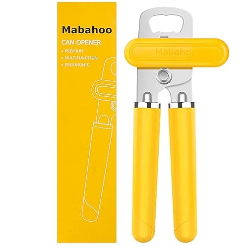 Mabahoo Can Opener Manual Heavy Duty Hand Can Opener, Handheld Smooth Edge Stainless Steel Can Openers Top Lid Kitchen Gadgets, Easy Turn Knob with Bottle Opener, Yellow