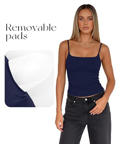 Women's Double Lined Tank Top with Bulit in Bra Adjustable Spaghetti Straps Sleeveless Basic Camisole Shirts thumbnail 5