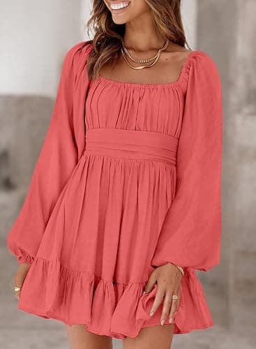 Dokotoo Womens Dress Long Lantern Sleeve Square Neck Tie Backless Sexy Dress Ruffle Elastic Waist A-Line Mini Dress thumbnail 4