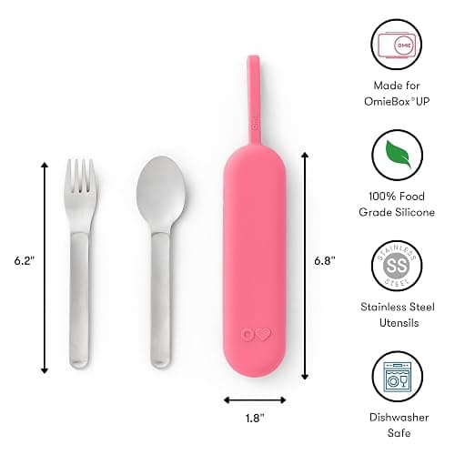 Omie OmieBox Travel Utensil Set | Fork and Spoon with Case for Easy Travel | Stainless Steel Fork and Spoon | Pink thumbnail 3