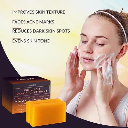 VALITIC Kojic Acid Dark Spot Remover Soap Bars with Vitamin C, Retinol, Collagen, Turmeric - Original Japanese Complex Infused with Hyaluronic Acid, Vitamin E, Shea Butter, Castile Olive Oil (2 Pack) thumbnail 5