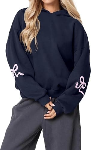 Navonta Womens Bow Graphic Hoodie Cute Bow Sweater Oversized Long Sleeve Fleece Sweatshirt Drop Shoulder Pullover Tops - Image 1