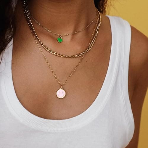 Smile Pendant Necklace Smile Face Chain Necklace Paperclip Necklace Cute Round Pendant Necklace Preppy Jewelry for Women Girls thumbnail 3