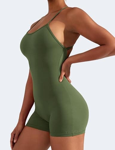 YEOREO Backless Tummy Control Jumpsuits for Women One Piece Workout Jumpsuits Sleeveless V Back Lizvette Scrunch Yoga Rompers - Green - X-Small thumbnail 3