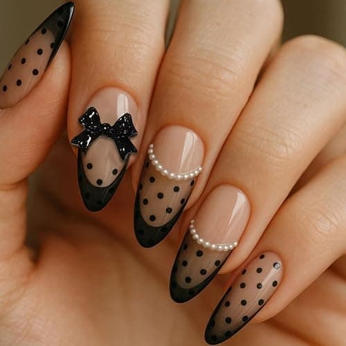 Black French Tip Press on Nails - Elegant Polka Dots with 3D Bow & Pearl Accents, Medium Almond Glossy False Nails, 24PCS Full Cover Manicure Kit - Image 1
