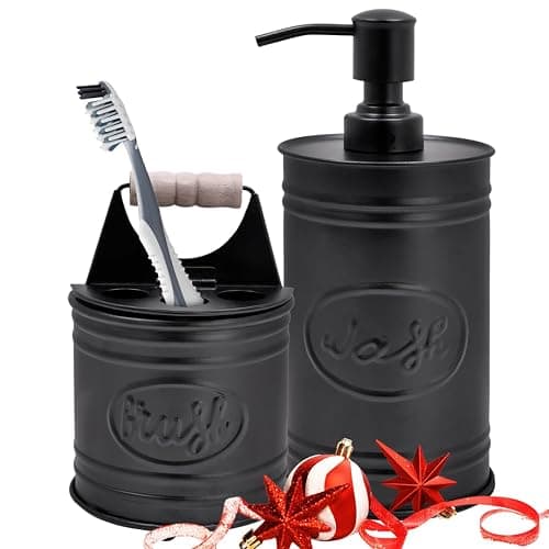 Autumn Alley Rustic Bathroom Accessories Set - Farmhouse Soap Dispenser and Toothbrush Holder Set - Western Bathroom Accessories, Farmhouse Decor for Bathroom Countertop, Galvanized Black - Image 1