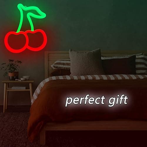 Cherry Neon Sign Red Green Cherries Neon Lights 7.5 * 8.9IN Cherry Neon Signs for Wall Decor, Cute Fruits LED Signs for Kids Room Restaurant Bar Fruit Shop Home thumbnail 6