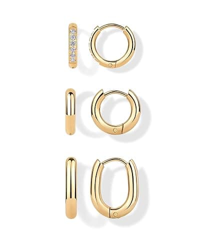 PAVOI Waterproof Huggie Hoop Earrings for Women, Set of 3 Earrings Piercing | Hypoallergenic Earring Pack of 3, Stainless Steel Huggie Hoops with Cubic Zirconia - Image 1