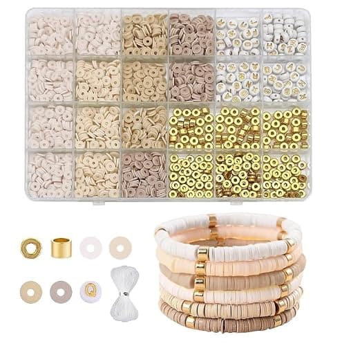 24-Grid DIY Clay Beads Bracelet Kit - 4 Soft Beige Colors Polymer Clay Beads + Golden Spacer Beads & Alphabet Beads + 5m Elastic String for Jewelry Making, Friendship Bracelets & Gift Crafts - Image 1